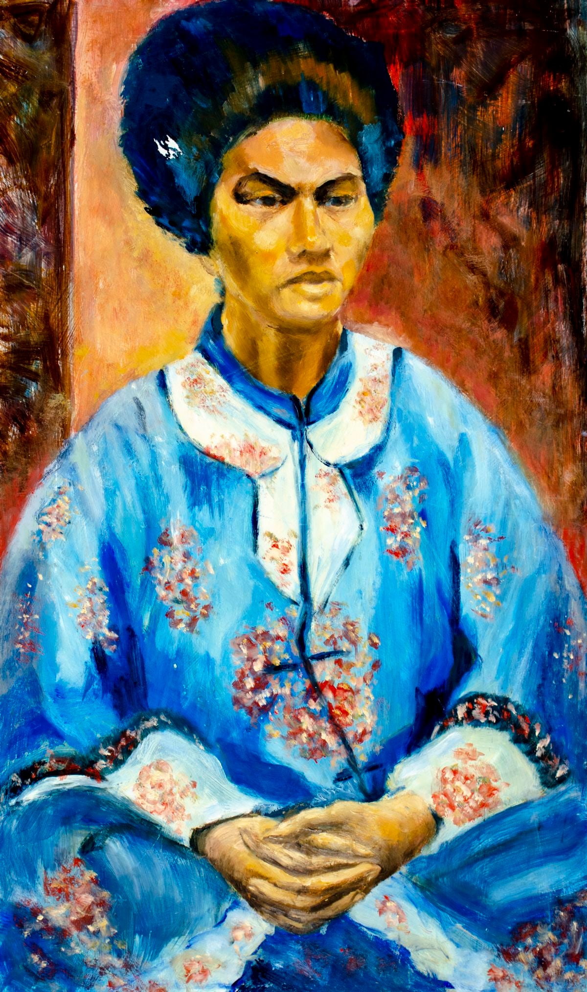 Thelma Thal (NY,1903-2001) oil painting: ARTIST: Thelma Thal (New York, 1903 - 2001) TITLE: Portrait of Woman in Blue Robe MEDIUM: oil on board CONDITION: Some damages to corners. Some small scratches/paint losses. No visible inpaint