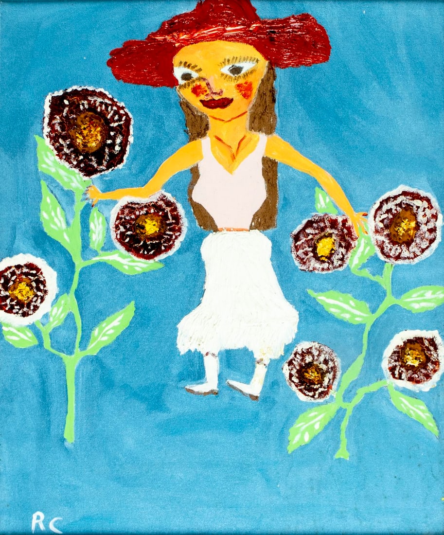 Vintage 20C American oil painting: ARTIST: - (American, 20 century) TITLE: Woman with Flowers MEDIUM: oil on canvas CONDITION: Some small paint losses. Minor craquelure. No visible inpaint under UV light. Wear to frame. ART SIZE: 24