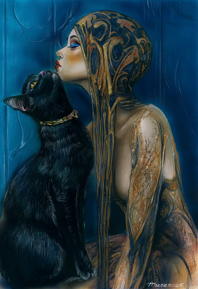 Olga Dolgikova (Ukraine,b 1967) acrylic painting: ARTIST: Olga Dolgikova (Ukrainian, born 1967) TITLE: Woman with Cat MEDIUM: acrylic on heavy paper CONDITION: Very good. ART SIZE: 17 x 12 inches / 43 x 30 cm FRAME SIZE: unframed (In-House framing