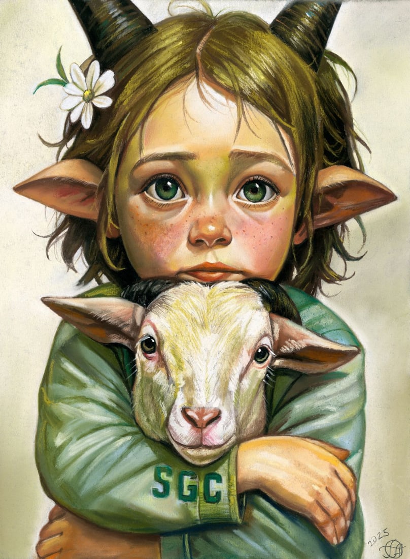 Genadiy Achkasov (Ukraine,b 1965) pastel painting: ARTIST: Genadiy Achkasov (Ukrainian, born 1965) TITLE: Faun Girl with Goat MEDIUM: pastel on paper CONDITION: Very good. ART SIZE: 16 x 12 inches / 40 x