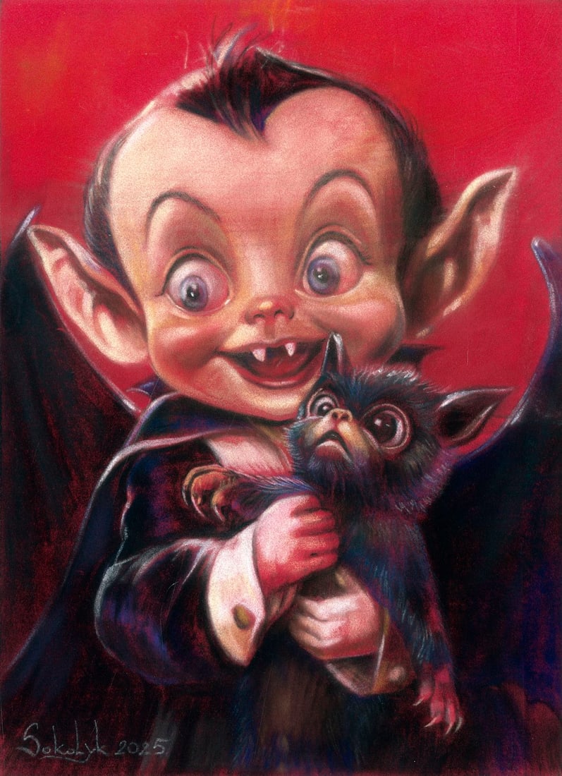 Vira Sokolyk (Ukraine,b 1999) pastel painting: ARTIST: Vira Sokolyk (Ukrainian, born 1999) TITLE: Vampire with Little Monster MEDIUM: pastel on heavy paper CONDITION: Some scratches. ART SIZE: 12 x 8