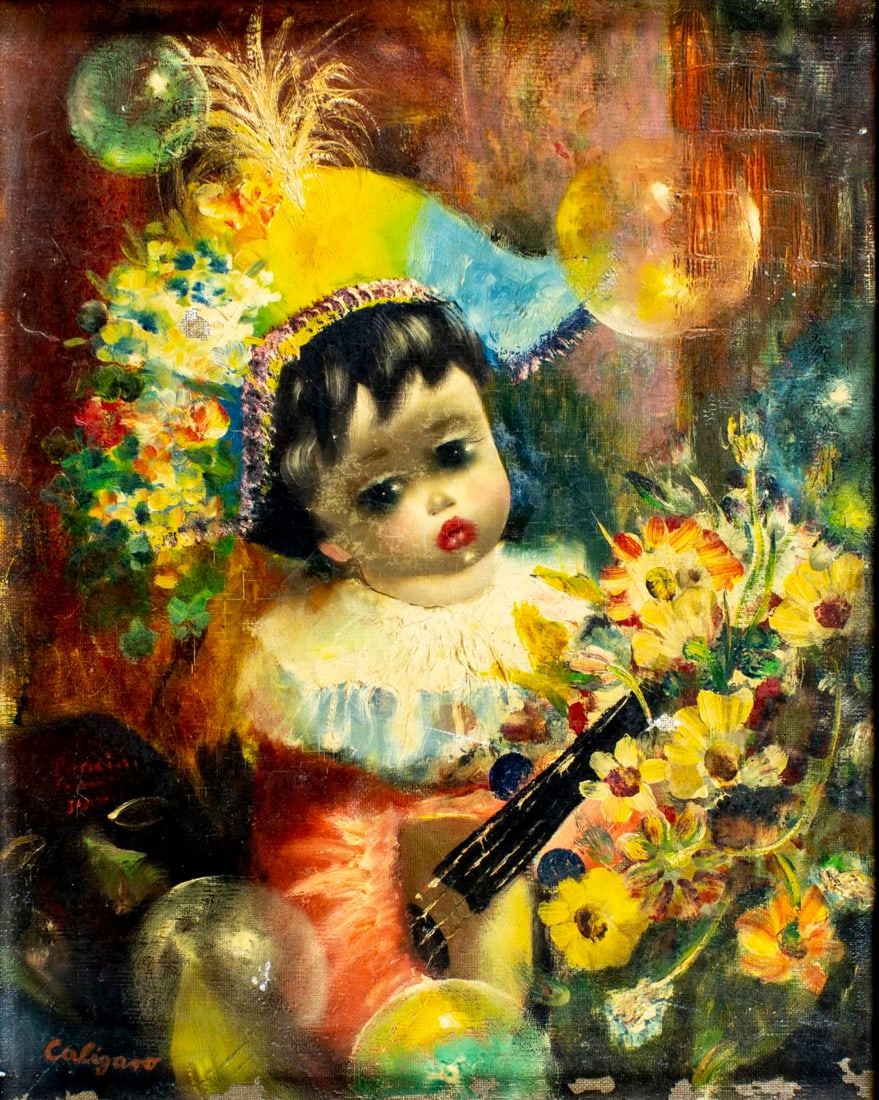 Jean Calogero (US,Italy,1922-2001) oil painting: ARTIST: Jean Calogero (American, Italian, 1922 - 2001) TITLE: Portrait of Jester MEDIUM: oil on canvas CONDITION: Two small patches. Some paint losses mostly along lower e