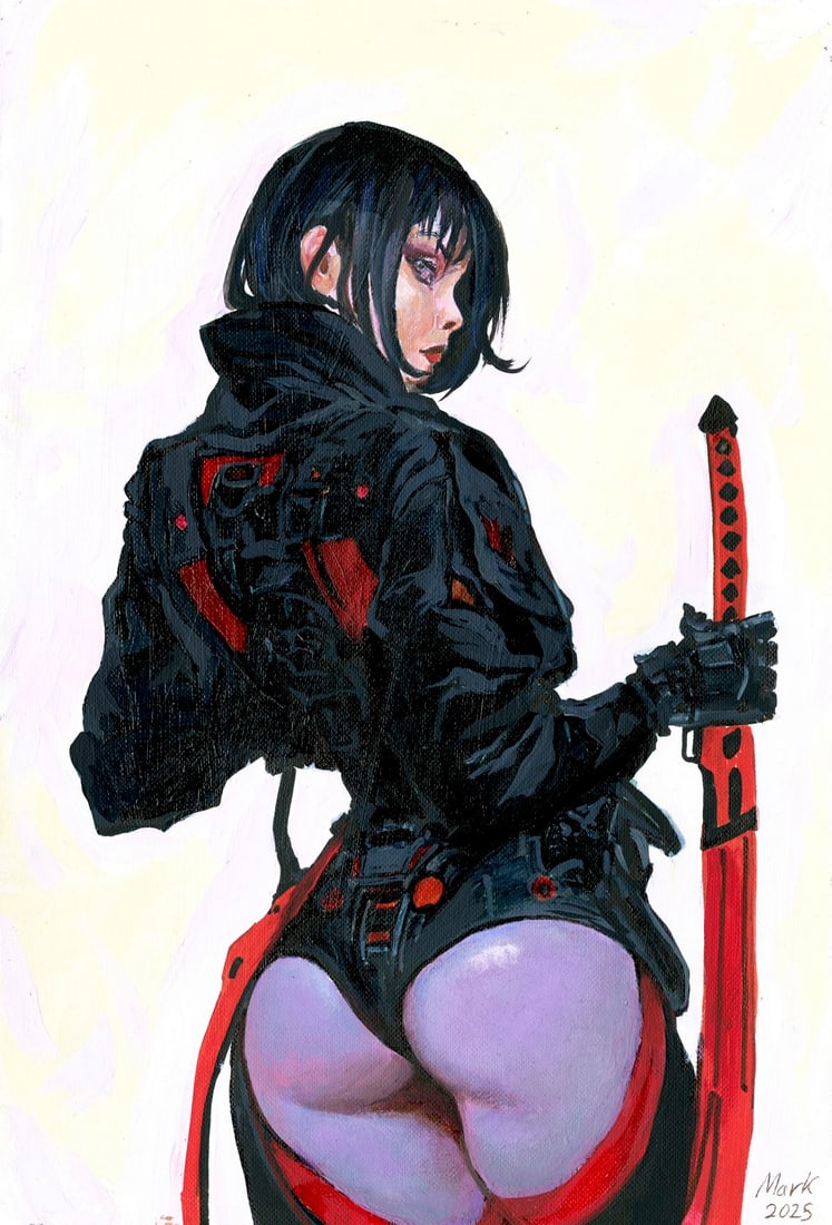 Mark Zybkin (Ukraine,20/21C) oil painting: ARTIST: Mark Zybkin (Ukrainian, 20/21 centuries) TITLE: Cyberpunk Girl with Katana MEDIUM: oil on heavy paper CONDITION: Very good. No visible inpaint under UV light.