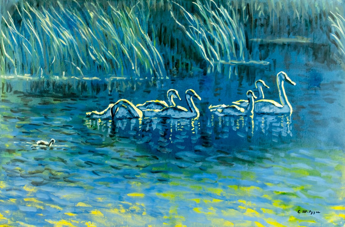 Evelyn Metzger (NY,Brazil,1911-2007) oil painting: ARTIST: Evelyn Borchard Metzger (New York, Brazilian, 1911 - 2007) TITLE: Pond Landscape with Swans MEDIUM: oil on board CONDITION: Minor damages to corners. Few very mino