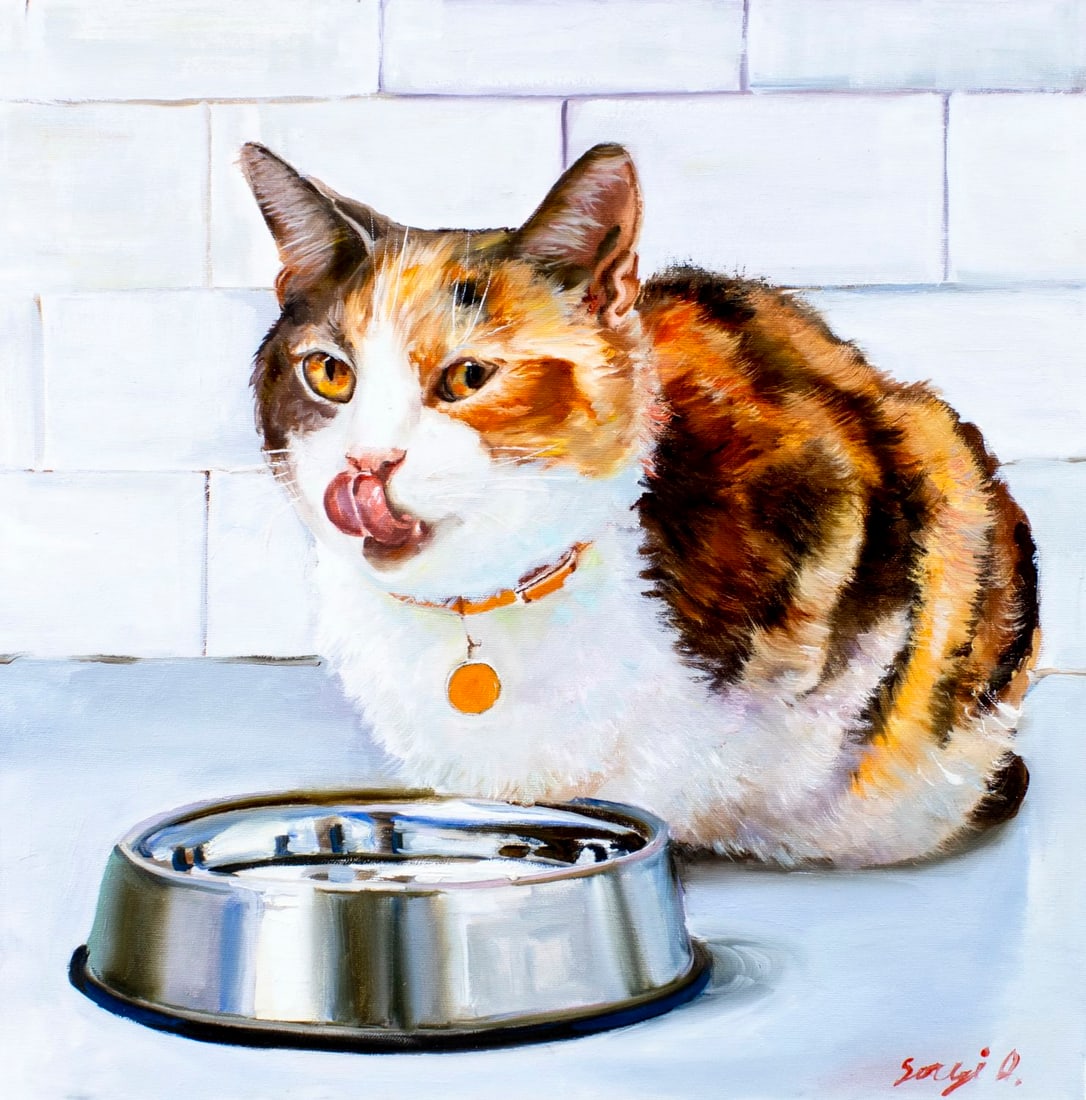 Alex Siryi (Ukraine,b 1997) oil painting: ARTIST: Alex Siryi (Ukrainian, born 1997) TITLE: Cat with Bowl MEDIUM: oil on canvas CONDITION: Unstretched (In-House stretching available). Very good. No visible inpaint un