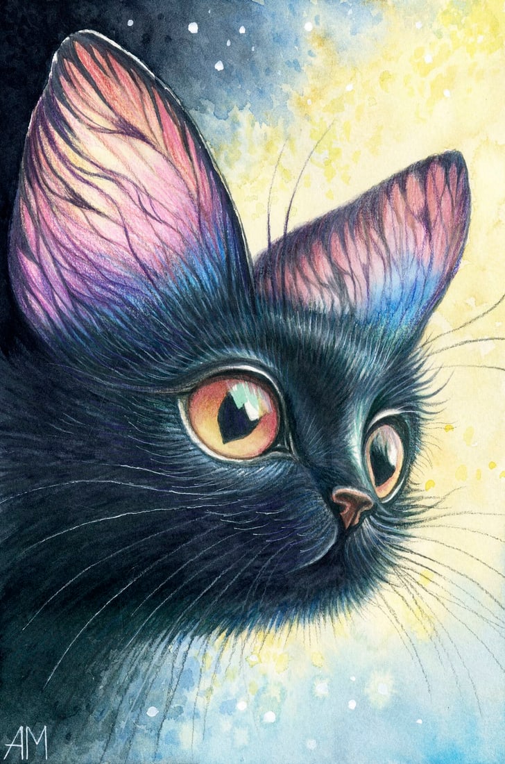 Anastasia Molodchikova (Ukraine,20/21C) watercolor painting: ARTIST: Anastasia Molodchikova (Ukrainian, 20/21 centuries) TITLE: Black Cat - Magic Kitten (titled on verso) MEDIUM: watercolor on heavy paper CONDITION: Very good.