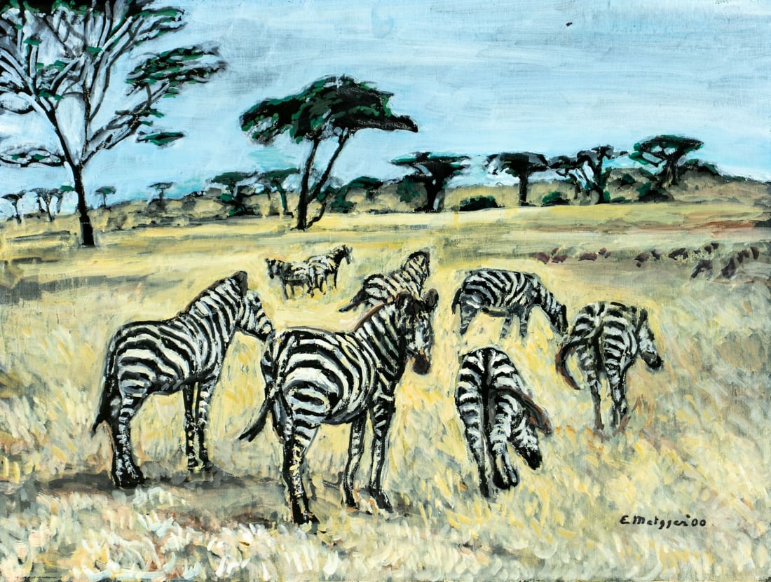 Evelyn Metzger (NY,Brazil,1911-2007) oil painting: ARTIST: Evelyn Borchard Metzger (New York, Brazilian, 1911 - 2007) TITLE: Zebras YEAR: 2000 MEDIUM: oil on board CONDITION: Overall good. No visible in