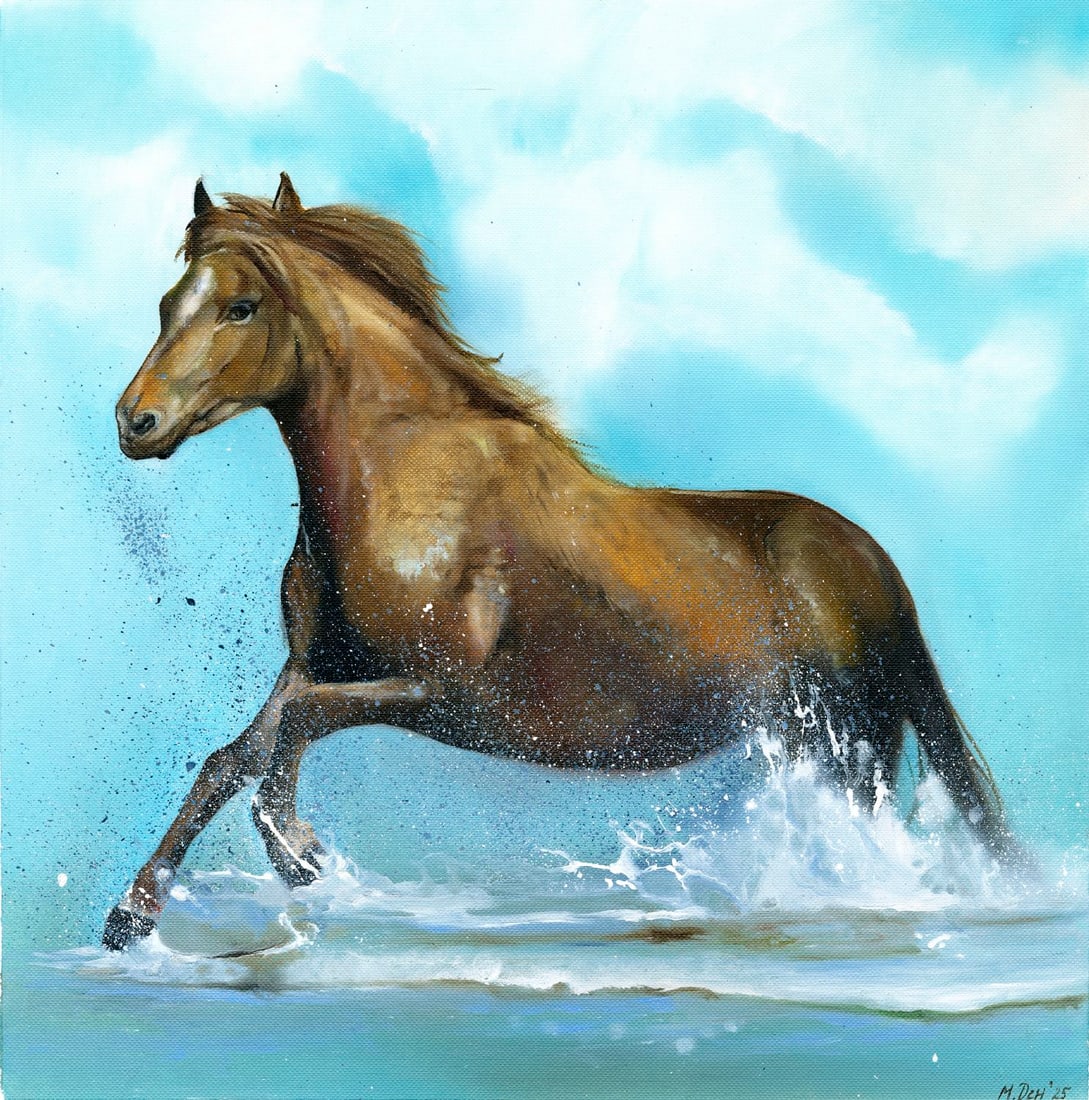 Miroslava Denisyuk (Ukraine,20/21C) oil painting: ARTIST: Miroslava Denisyuk (Ukrainian, 20/21 centuries) TITLE: Running Horse MEDIUM: oil on heavy paper CONDITION: Very good. No visible inpaint under UV light.