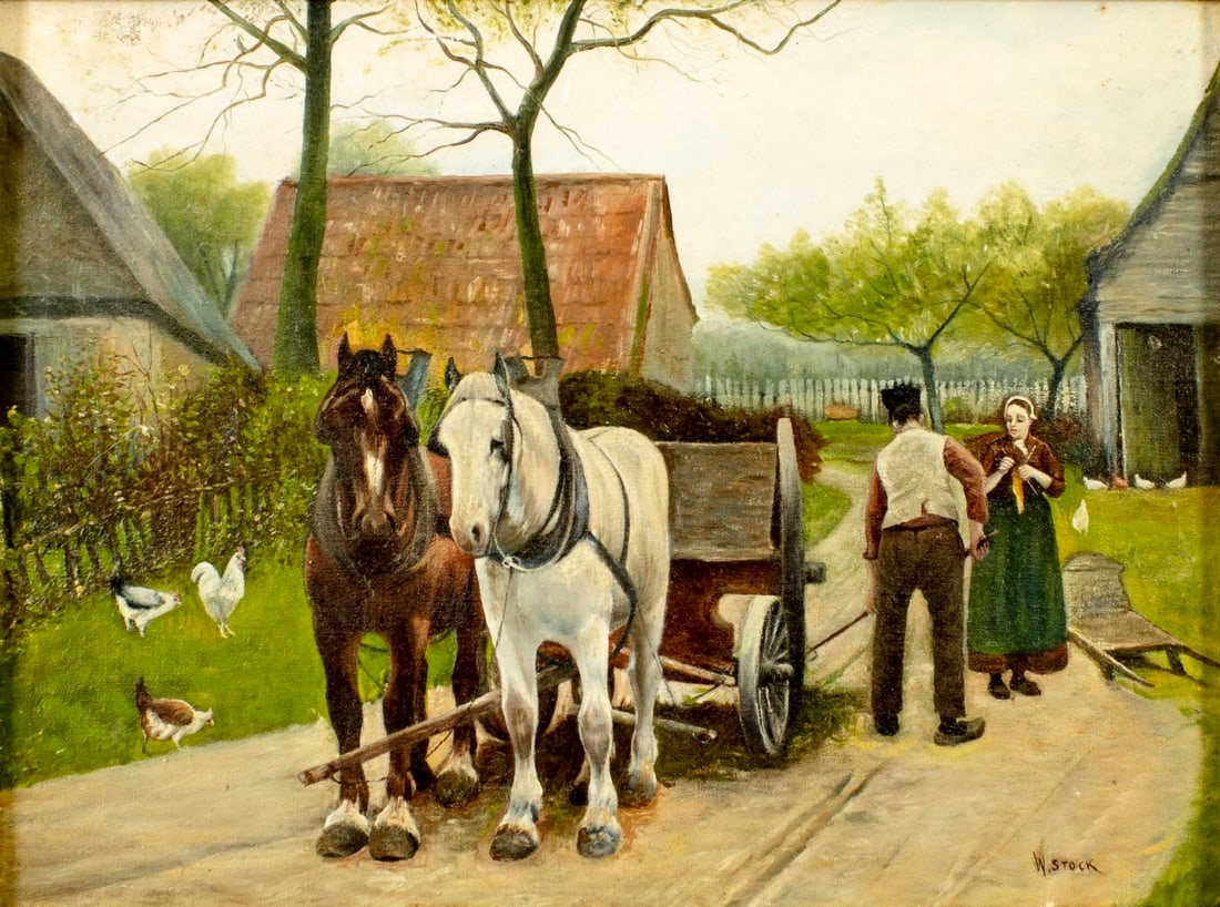 W Stock (US,early 20C) oil painting antique: ARTIST: W Stock (American, early 20 century) TITLE: Country Scene with Horse Wagon MEDIUM: oil on canvas CONDITION: Few small scratches/paint losses mostly along edges. Some craquelure. Few scattered
