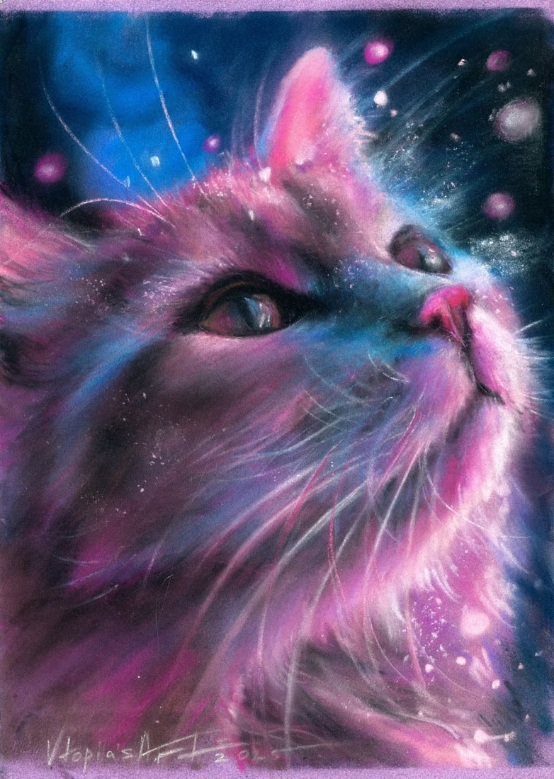 Olesya Grebenyuk (Ukraine,20/21C) pastel painting: ARTIST: Olesya Grebenyuk (Ukrainian, 20/21 centuries) TITLE: Cat MEDIUM: pastel on heavy paper CONDITION: Very good. ART SIZE: 12 x 8 inches / 30 x 20 cm FRAME SIZE: unframed (In-House framing