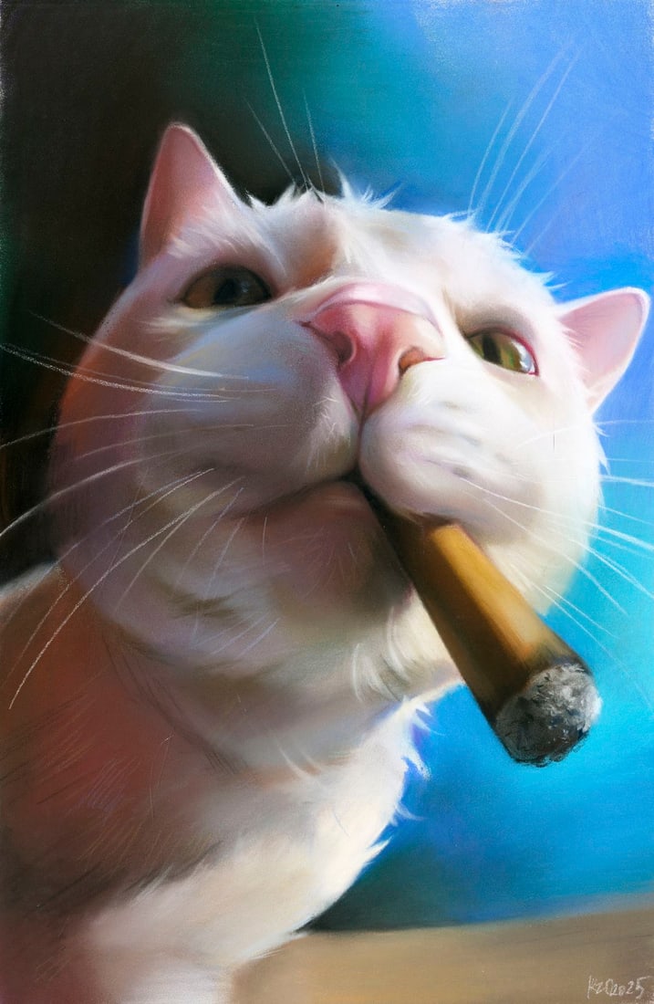 Olga Kuznezova (Ukraine,b 2000) pastel painting: ARTIST: Olga Kuznezova (Ukrainian, born 2000) TITLE: Cat with Cigar MEDIUM: pastel on heavy paper CONDITION: Very good. ART SIZE: 12 x 8 inches / %HEIGHTCM% x %WIDTHCM% cm FRAME SIZE: unframed