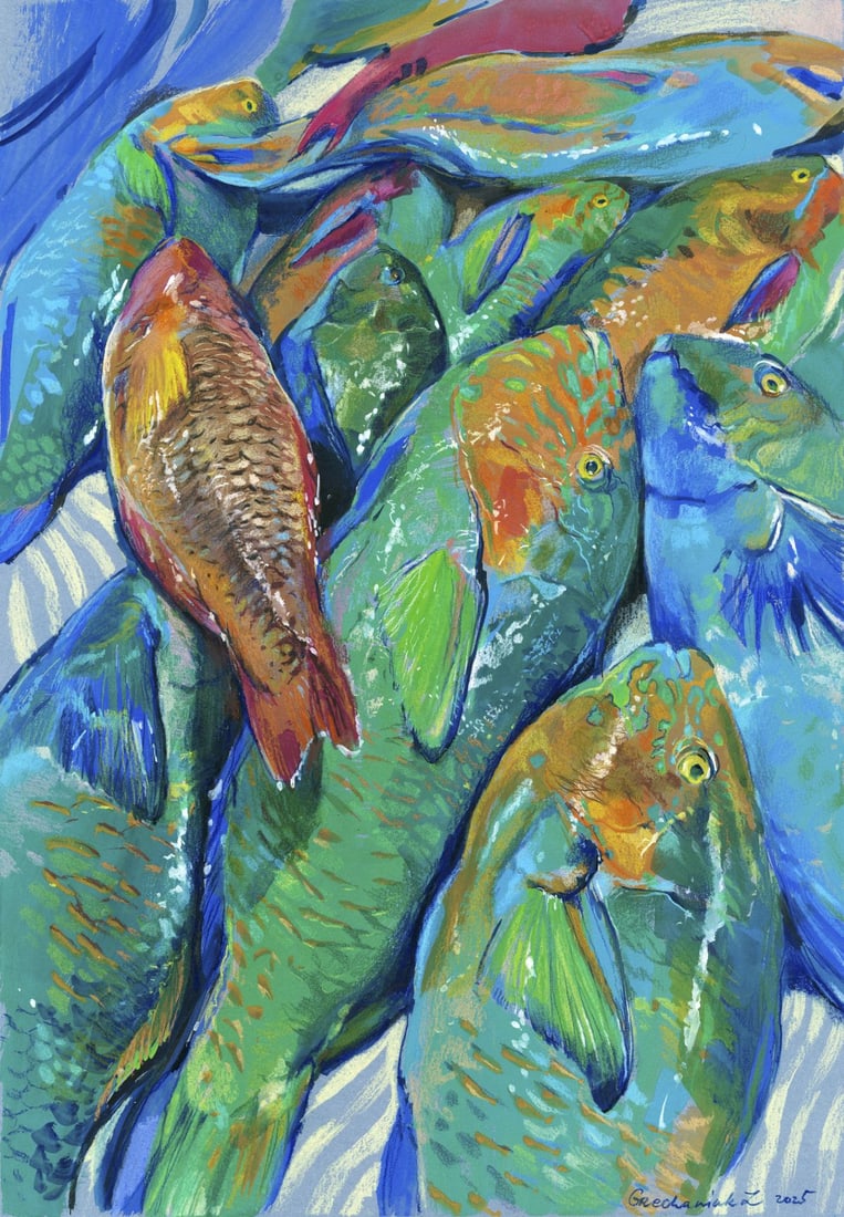 Zoya Grechanyuk (Ukraine,b 1977) mixed media painting: ARTIST: Zoya Grechanyuk (Ukrainian, born 1977) TITLE: Parrot Fish MEDIUM: mixed media on heavy paper CONDITION: Very good. ART SIZE: 17 x 12 inches / 43 x 30 cm FRAME SIZE: unframed (In-House framing