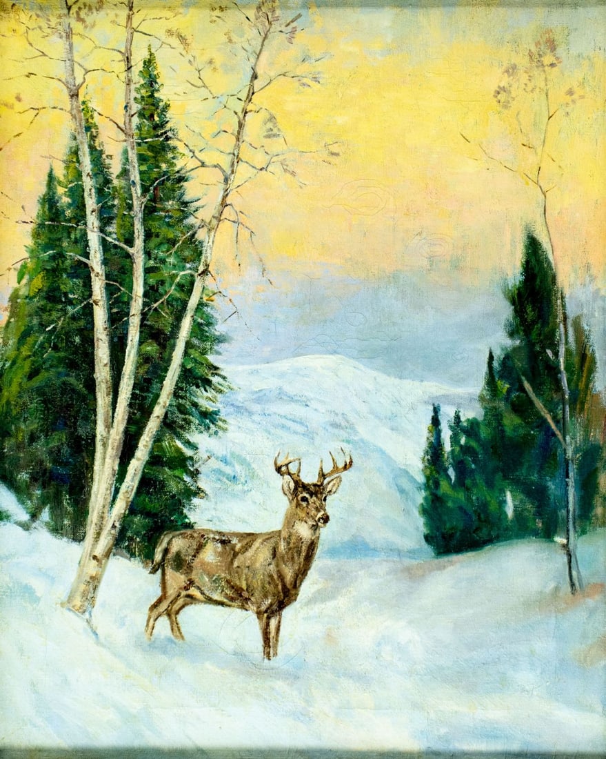 Howard Hastings (NJ,NY,1887-1955) oil painting: ARTIST: Howard Livingston Hastings (New Jersey, New Yok, 1887 - 1955) TITLE: White Tail Deer in Winter Forest YEAR: 1954 MEDIUM: oil on canvas CONDITION: