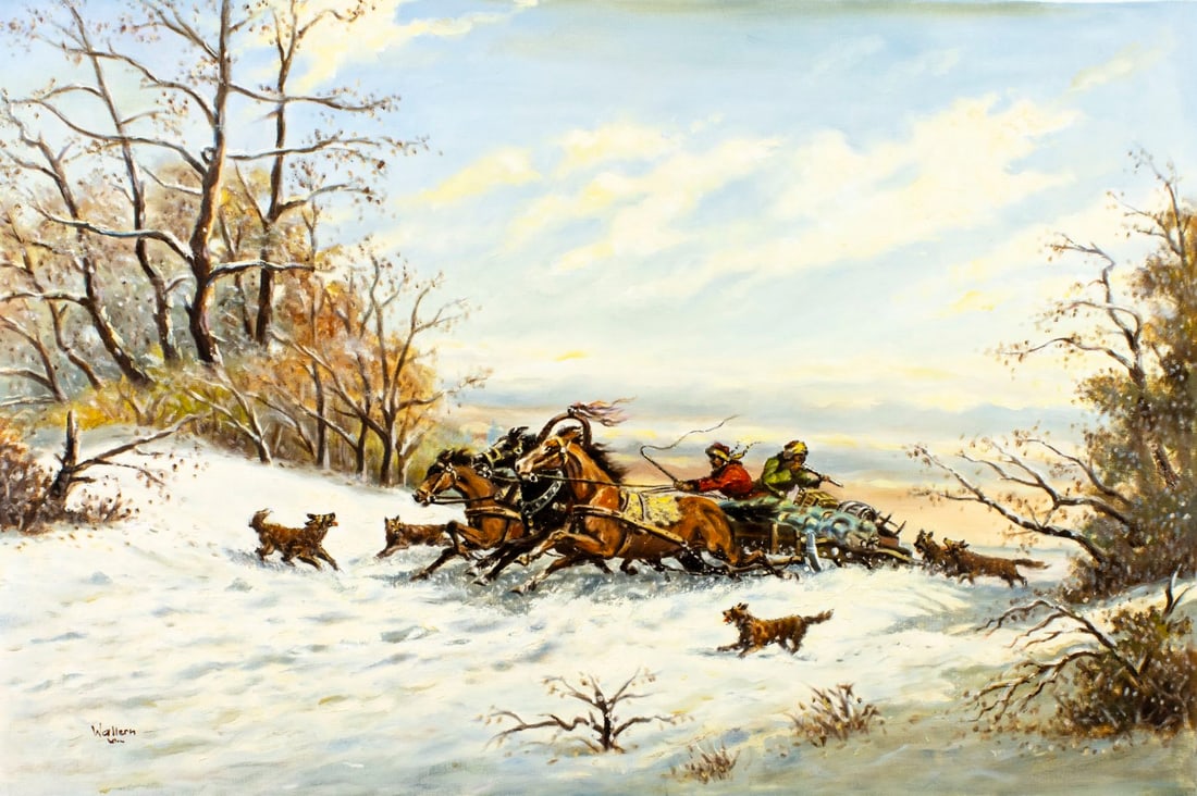 W Wallern (Austria,20C) oil painting: ARTIST: W Wallern (Austrian, 20 century) TITLE: Winter Landscape with Troika MEDIUM: oil on canvas CONDITION: Unstretched (In-House stretching available). Very good. No visible inpaint under UV