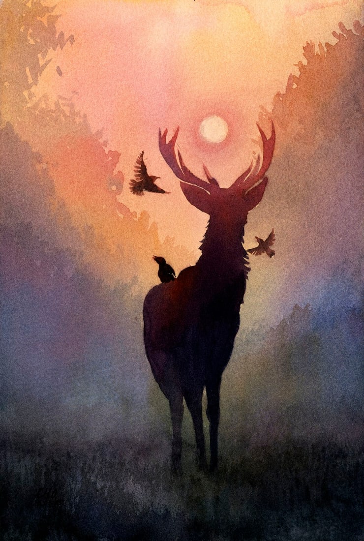 Oksana Chernachuk (Ukraine,b 1989) watercolor painting: ARTIST: Oksana Chernachuk (Ukrainian, born 1989) TITLE: Sunset Landscape with Deer MEDIUM: watercolor on heavy paper CONDITION: Very good. ART SIZE: 12 x 8 inches / 30 x 20 cm FRAME SIZE: unframed