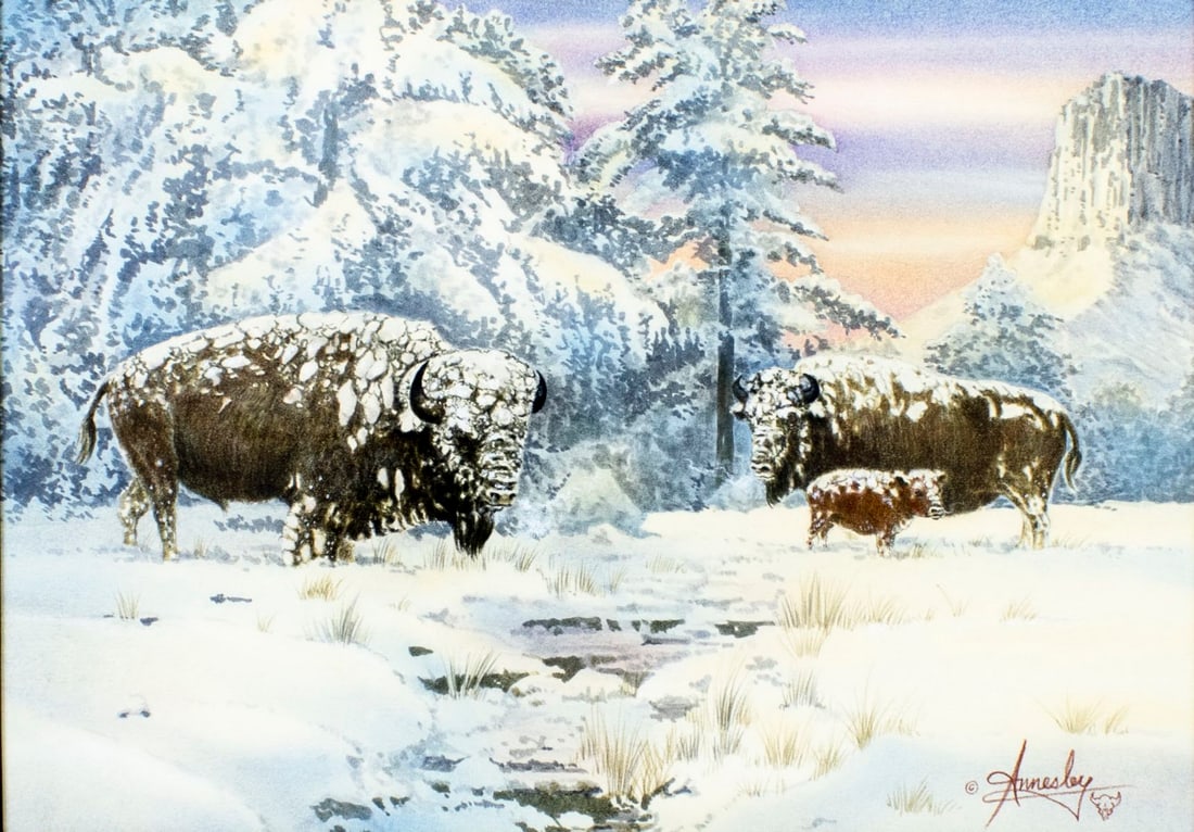 Robert Annesley (TX,OK,1943-2018) watercolor painting: ARTIST: Robert Annesley (Texas, Oklahoma, 1943 - 2018) TITLE: Winter Magic - Buffalos (titled on label) MEDIUM: watercolor on paper CONDITION: Very good. Framed under glass. Wear to frame. ART SIZE: