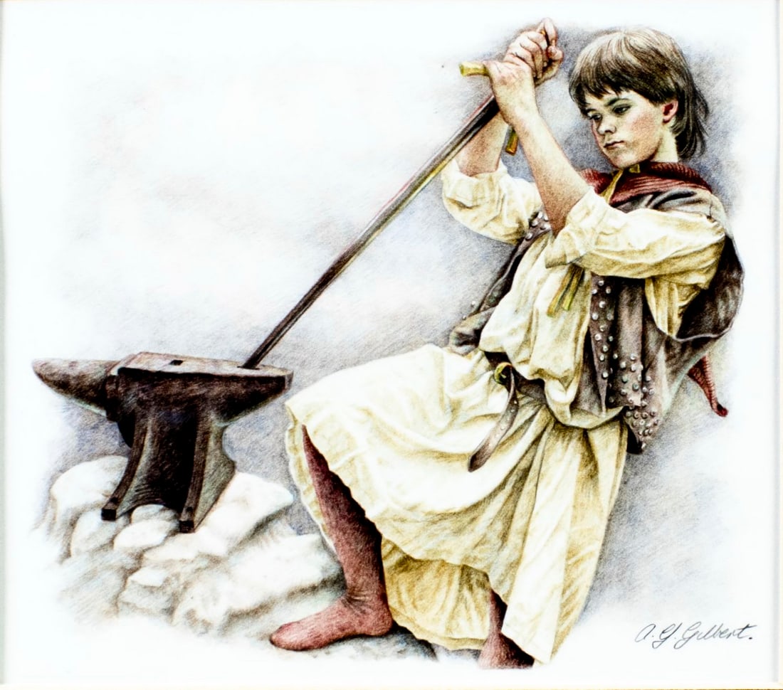 Yvonne Gilbert (UK,b 1951) colored pencil painting: ARTIST: Yvonne Gilbert (United Kingdom, born 1951) TITLE: Arthur Pulling Sword from Arvil (titled on verso) YEAR: 1985 MEDIUM: colored pencil on paper CONDITION: Very good. ART SIZE: 7 x 8 inches /