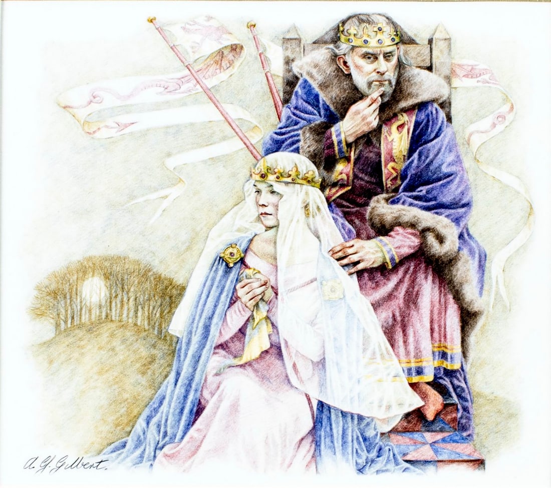 Yvonne Gilbert (UK,b 1951) colored pencil painting: ARTIST: Anne Yvonne Gilbert (United Kingdom, born 1951) TITLE: Arthur and Guinevere (titled on verso) YEAR: 1985 MEDIUM: colored pencil on paper CONDITION: Very good. ART SIZE: 7 x 8 inches / 17 x 20
