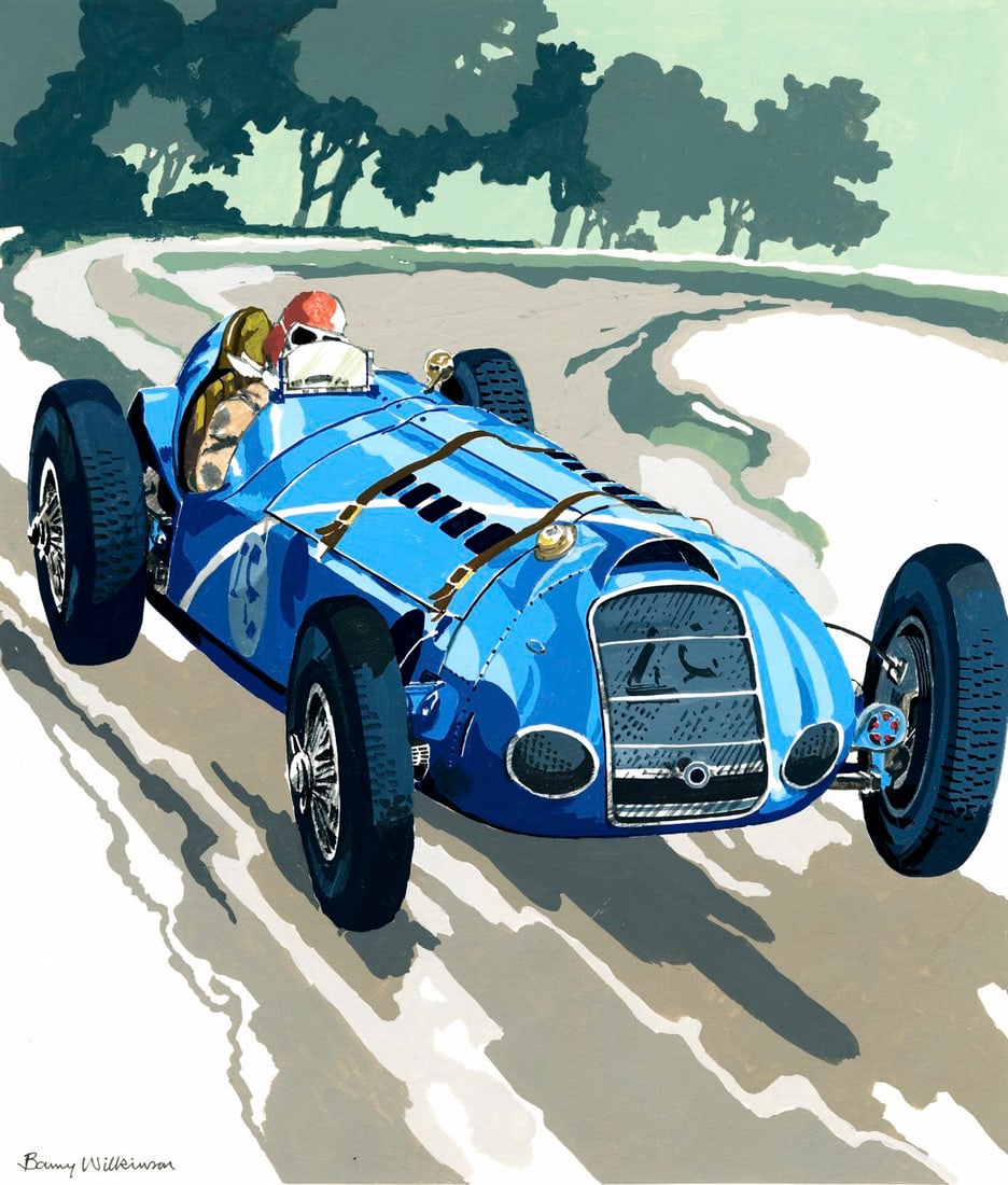 Barry Wilkinson (UK,1923-2007) gouache painting: ARTIST: Barry Wilkinson (United Kingdom, 1923 - 2007) TITLE: Ireland N 2, 1938 Cork Grand Prix - Delahaye Car (titled on verso) YEAR: 1984 MEDIUM: gouache on board