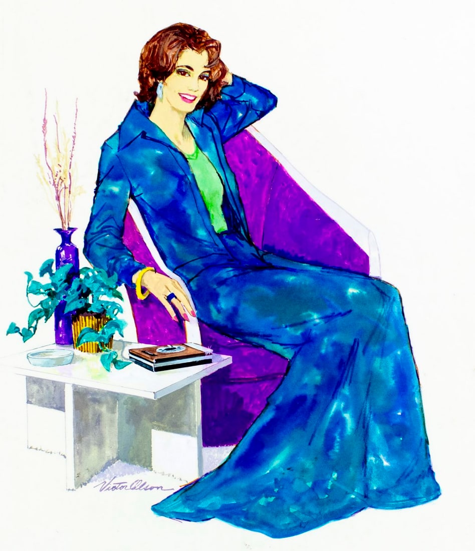 Victor Olson (CT,1924-2007) gouache painting: ARTIST: Victor Olson (Connecticut, 1924 - 2007) TITLE: Woman in Blue MEDIUM: gouache on board CONDITION: Minor damages to corners. Some age toning. ART SIZE: