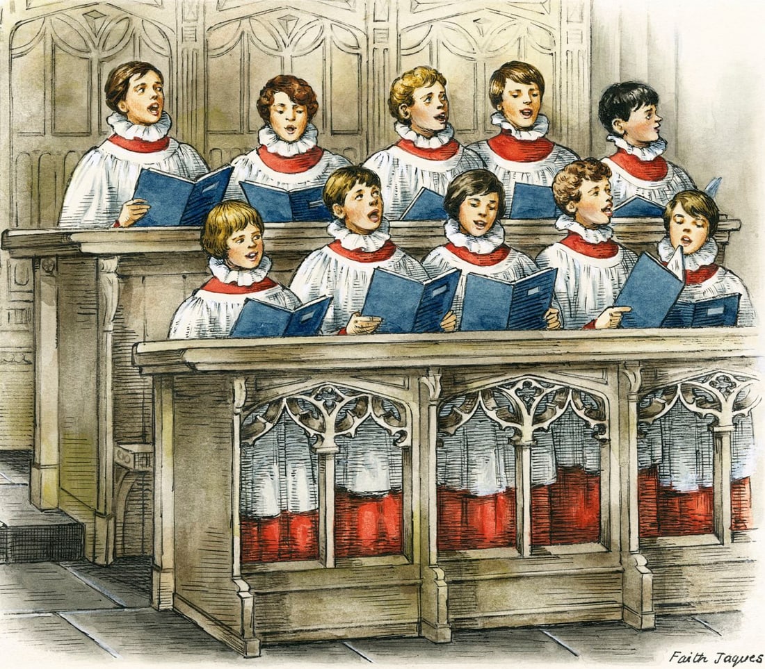 Faith Jaques (UK,1923-1997) watercolor painting: ARTIST: Faith Heather Jaques (United Kingdom, 1923 - 1997) TITLE: Church Choir YEAR: 1978 MEDIUM: watercolor on board CONDITION: Very good.