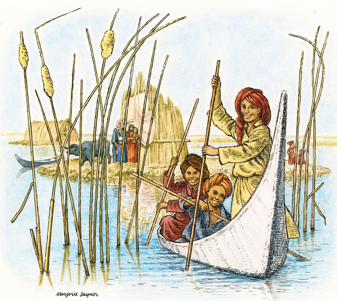 Marjorie Saynor (UK,1924-2012) watercolor painting: ARTIST: Marjorie Saynor (United Kingdom, 1924 - 2012) TITLE: Children in Boat, Iraq YEAR: 1978 MEDIUM: watercolor on board CONDITION: Very good.