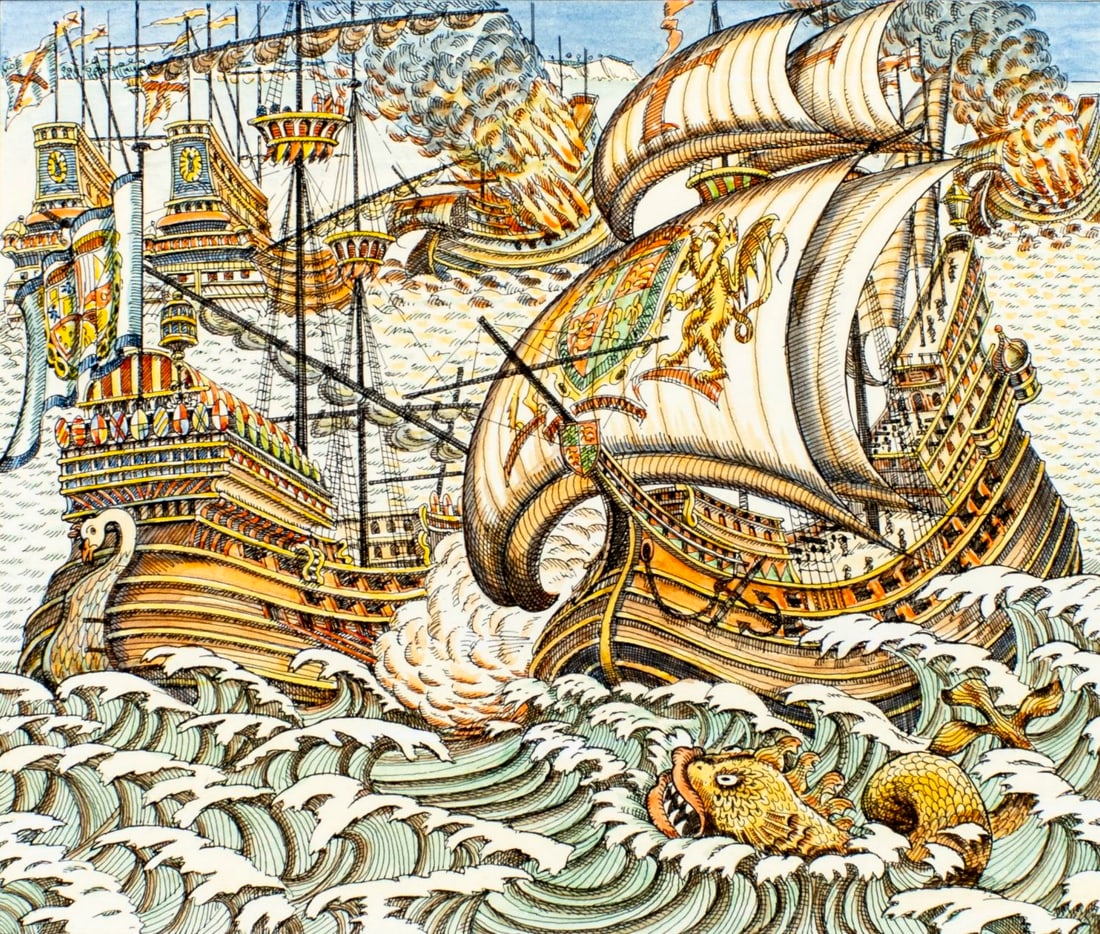 Graham Evernden (UK,born 1947) watercolor painting: ARTIST: Graham Evernden (United Kingdom, born 1947) TITLE: Spanish Armada (titled on verso) YEAR: 1988 MEDIUM: watercolor on board CONDITION: Minor foxin