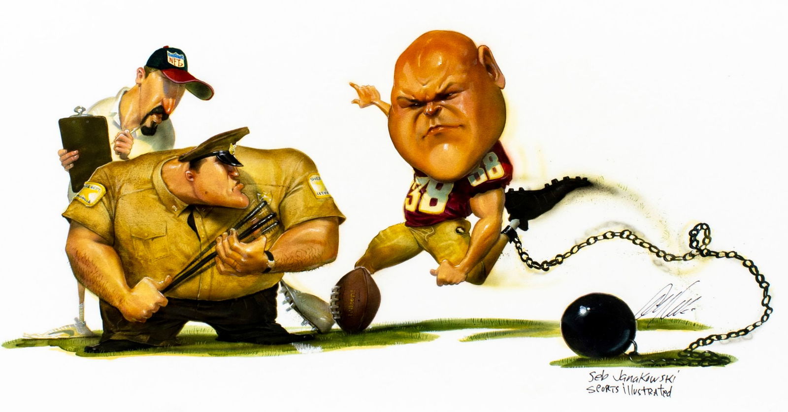 Gary Locke (MO,b 1963) gouache painting: ARTIST: Gary Locke (Missouri, born 1963) TITLE: Illustration - Sebastian Janikowski MEDIUM: gouache on board CONDITION: Some damages to the upper corners. ART SIZ