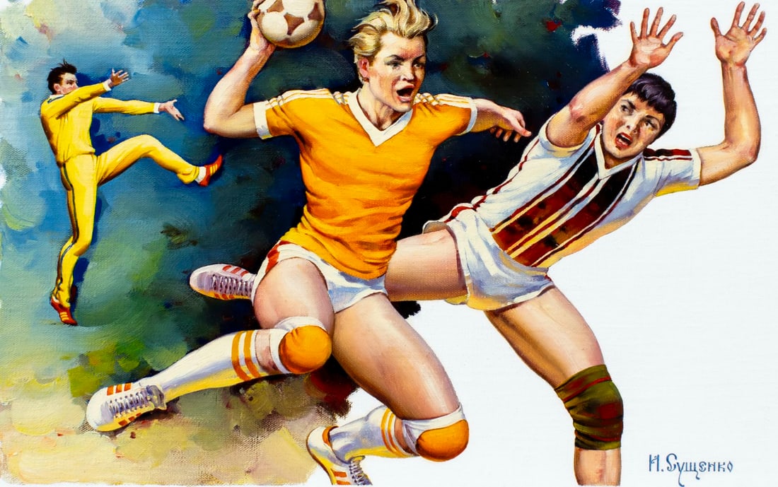 Ivan Suschenko (Russia,1930-?) oil painting: ARTIST: Ivan Akimovich Suschenko (Russian, 1930 - ???) TITLE: Handball (titled on verso) YEAR: 1991 MEDIUM: oil on canvas. Canvas applied to board. CONDITION:</