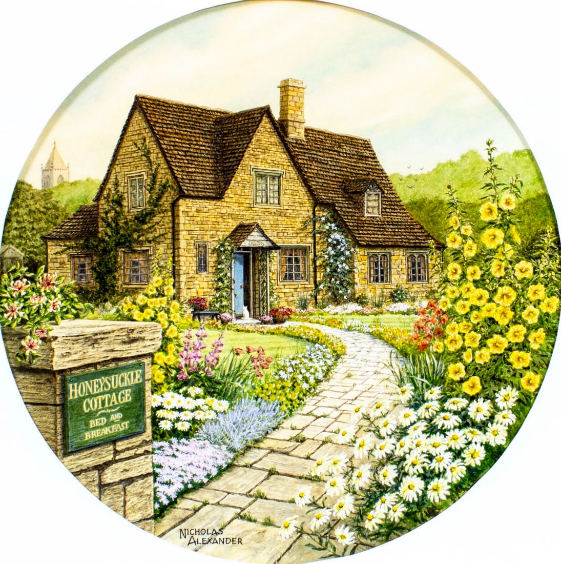 Nicholas Alexander Mitchell (US,20C) watercolor painting: ARTIST: Nicholas Alexander Mitchell (American, 20 century) TITLE: Hollyhock Cottage, Cotswold, England, UK (titled on verso) YEAR: 1992 MEDIUM: watercolor on board