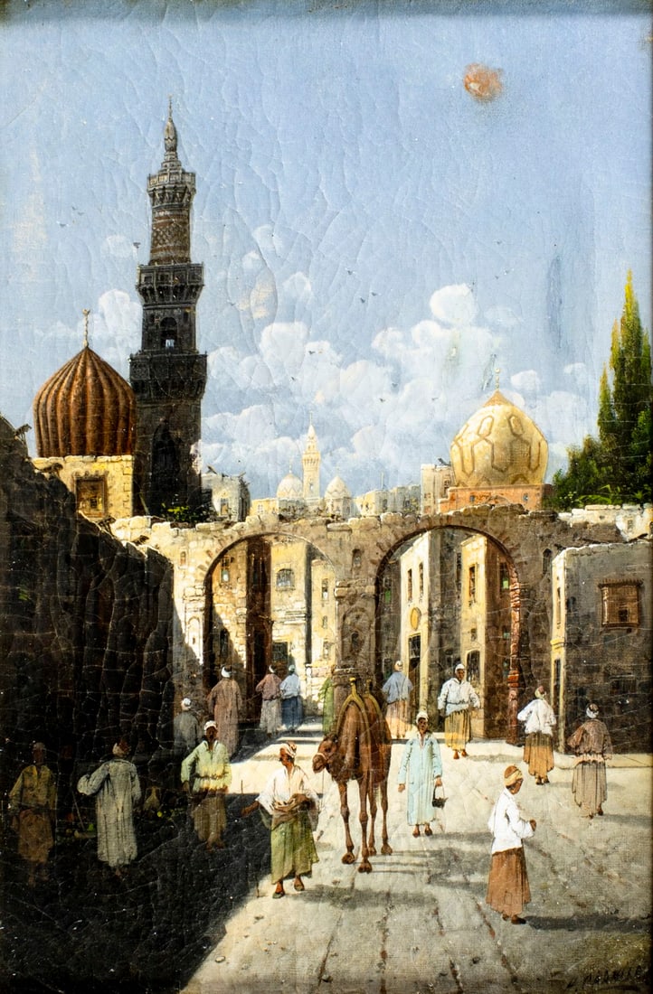 Karl Kaufmann (Germany,Austria,1843-1905) oil painting antique: ARTIST: Karl Kaufmann (German, Austrian, 1843 - 1901/05) TITLE: Middle Eastern Cityscape MEDIUM: oil on canvas CONDITION: Some patches. Few minor paint losses. Some craque