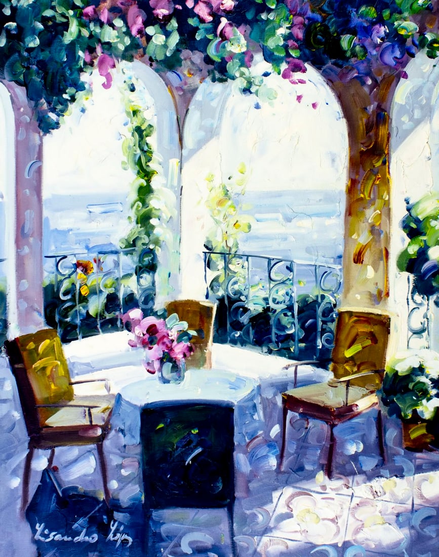 Lisandro Baylon (Argentina,US,1951-?) oil painting: ARTIST: Lisandro Lopez Baylon (Argentinian, American, 1951 - ???) TITLE: Summer Terrace Landscape MEDIUM: oil on canvas CONDITION: Unstretched (In-House stretching availab
