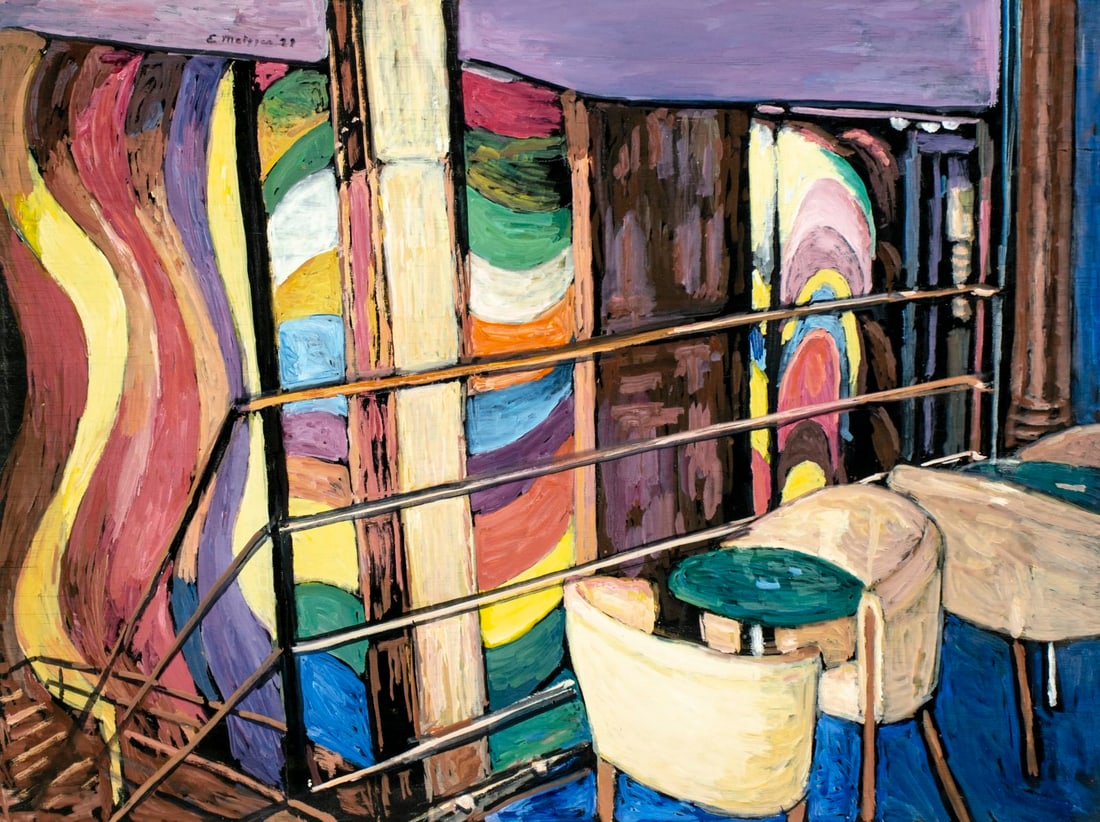 Evelyn Metzger (NY,Brazil,1911-2007) oil painting: ARTIST: Evelyn Borchard Metzger (New York, Brazilian, 1911 - 2007) TITLE: Rainbow Lounge YEAR: 1999 MEDIUM: oil on board CONDITION: Some small paint lo