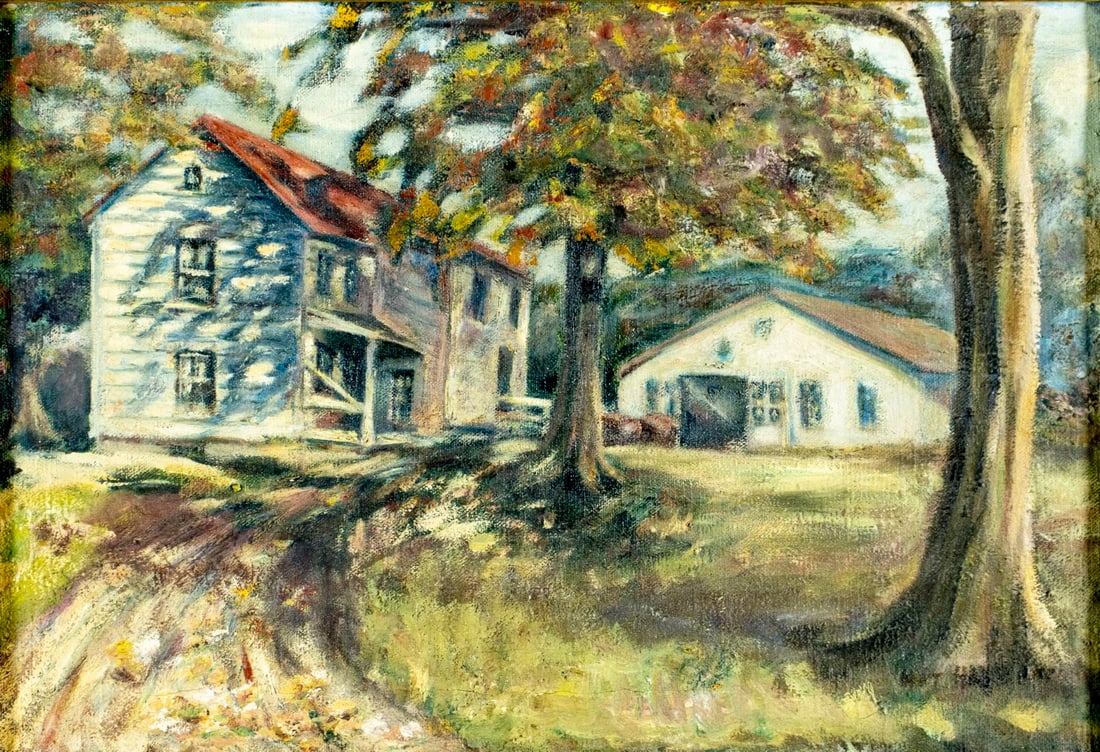 Antique early 20C American oil painting signed: ARTIST: - (American, early 20 century) TITLE: Town Landscape MEDIUM: oil on canvas CONDITION: Some paint losses. No visible inpaint under UV light. Wear to frame.