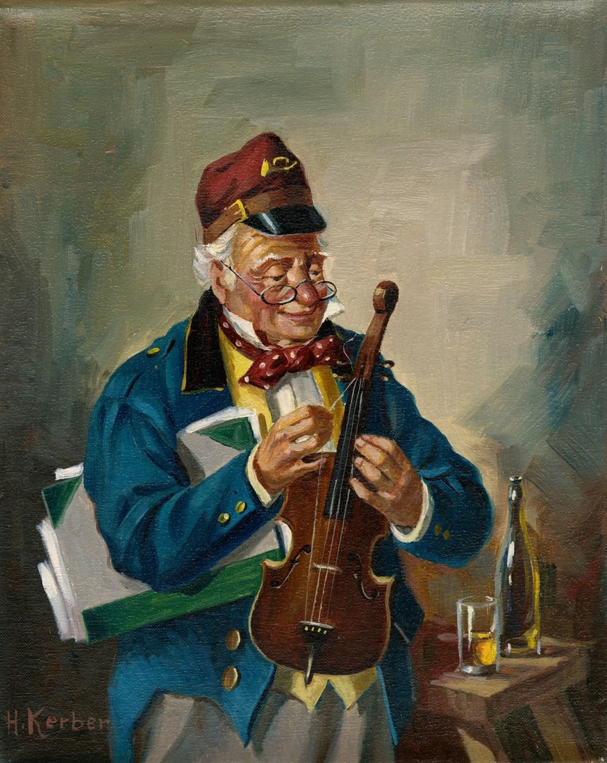 Hans Kerber (Austria,1920-?) oil painting: ARTIST: Hans Kerber (Austrian, 1920 - ???) TITLE: Violonist MEDIUM: oil on canvas CONDITION: Unstretched (In-House stretching available). Few minor paint losses. No visibl