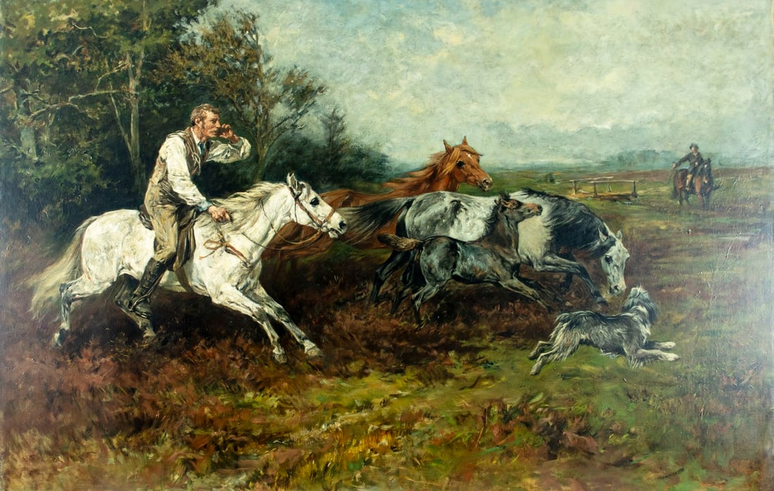 John Emms (UK,1843-1912) oil painting antique: ARTIST: John Emms (United Kingdom, 1843 - 1912) TITLE: Rounding Up Ponies MEDIUM: oil on canvas CONDITION: Relined. Few very minor paint losses. Very minor craquelure. No