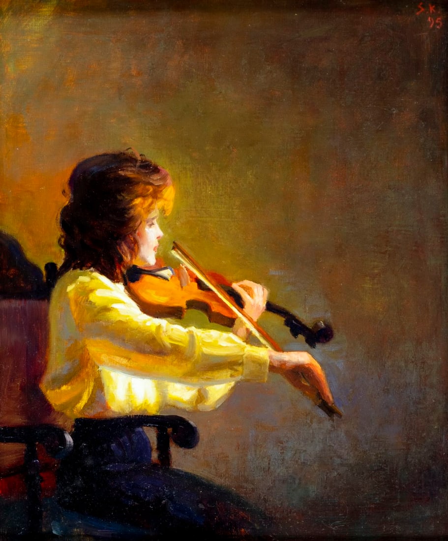 Salomon Kadoche (Marocco,NY,20/21C) oil painting: ARTIST: Salomon Kadoche (Moroccan, New York, 20/21 centuries) TITLE: The Violinist (titled on verso) YEAR: 1995 MEDIUM: oil on board CONDITION: Overall g