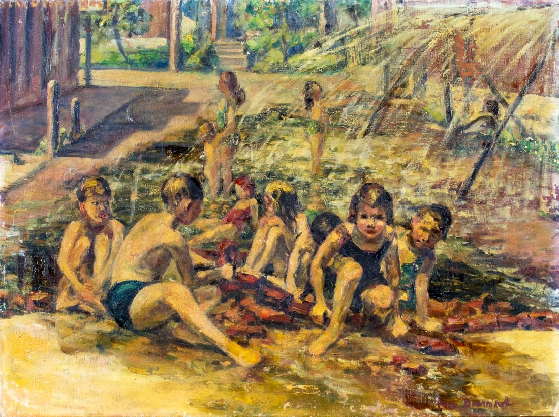 Vera Dvornikoff (MO,1875-1965) oil painting: ARTIST: Vera Dvornikoff (Missouri, 1875 - 1965) NAME: Children Playground MEDIUM: oil on canvas CONDITION: Some scrathes/paint losses. Minor craquelure. No visible inpaint under UV light.