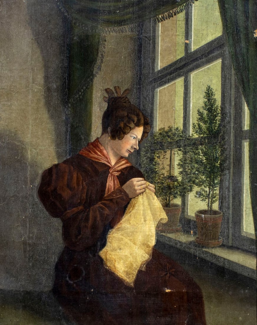 Antique 19C American oil painting: ARTIST: - (American, 19 century) TITLE: Woman Sewing by Window MEDIUM: oil on canvas CONDITION: Few small paint losses. Minor craquelure. Some small scattered inpaintings.