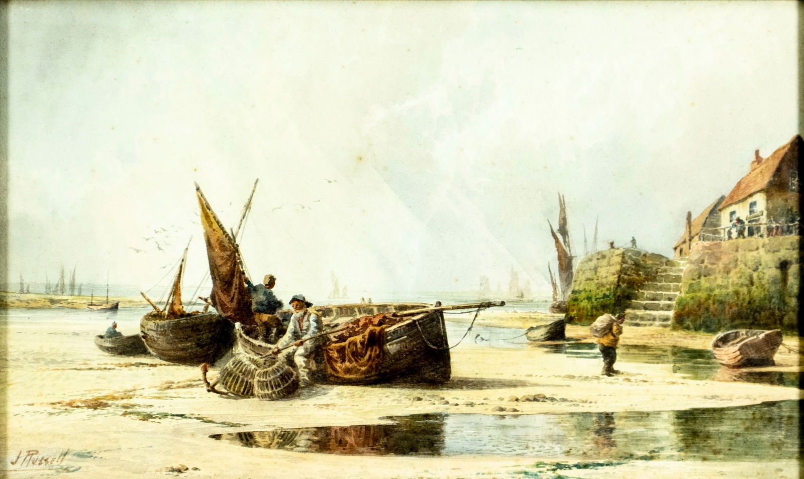 J Russell (UK,early 20C) watercolor painting antique: ARTIST: J Russell (United Kingdom, early 20 century) TITLE: The Fishermen (titled on verso) MEDIUM: watercolor on paper CONDITION: Some age toning. Some foxing. Framed under