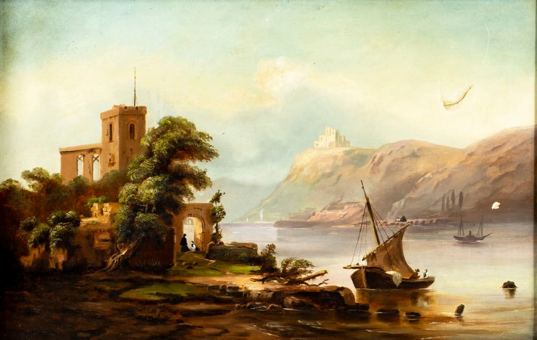 Antique early 20C Italian oil painting: ARTIST: - (Italy, early 20 century) TITLE: River Landscape MEDIUM: oil on canvas CONDITION: Two patches. Some scratches/paint losses. No visible inpaint under UV light. So