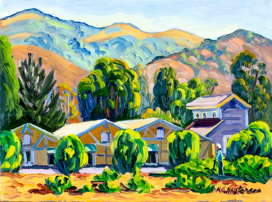 Ken Christensen (MI,CA,OH,b 1951) oil painting: ARTIST: Ken Christensen (Michigan, California, Ohio, born 1951) TITLE: Landscape - Three Little Green Houses (titled on verso) YEAR: 2016 MEDIUM: oil on canvas C