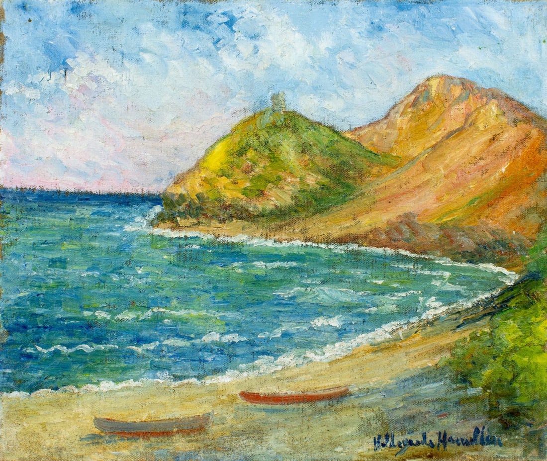Hildegarde Hamilton (FL,VA,1898-1970) oil painting: ARTIST: Hildegarde Hume Hamilton (Florida, Virginia, 1898 - 1970) TITLE: Coastal Landscape MEDIUM: oil on canvas CONDITION: Two small patches. Some small paint losses. Min