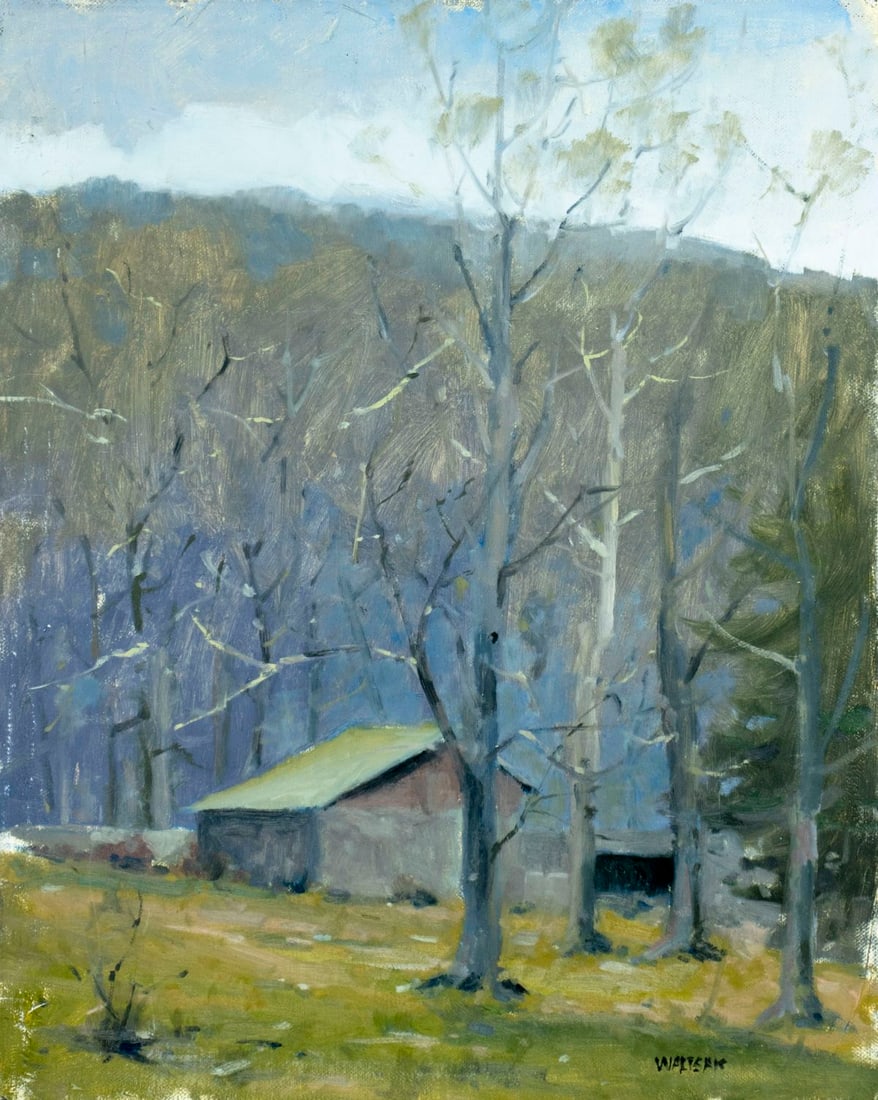 Robert Waltsak (NJ,b 1944) oil painting: ARTIST: Robert Alan Waltsak (New Jersey, born 1944) TITLE: Forest Landscape with Barn MEDIUM: oil on canvas CONDITION: Overall good. No visible inpaint under UV light. Norma