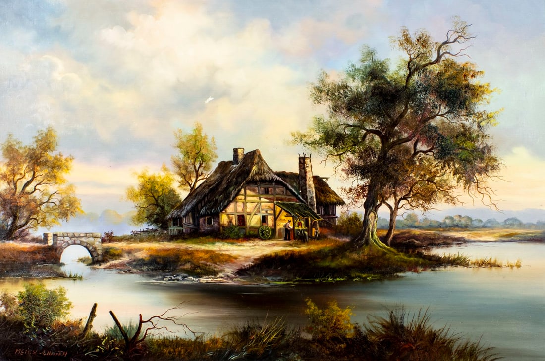 Meiek-Lingen (Europe,20C) oil painting: ARTIST: Meiek - Lingen (European, 20 century) TITLE: River Village Landscape MEDIUM: oil on canvas CONDITION: Unstretched (In-House stretching available). Some paint losses.