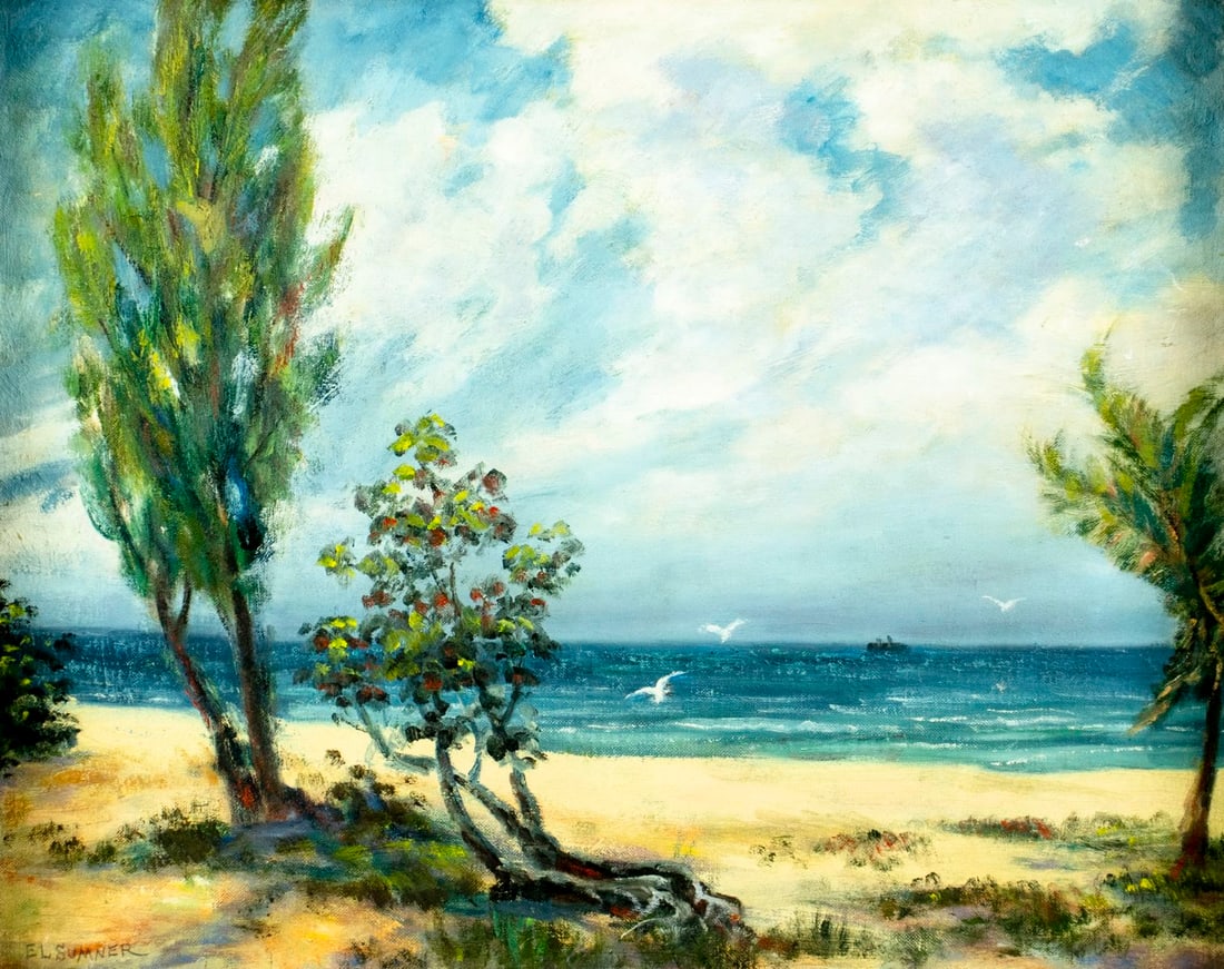 E L Sumner (US,mid 20C) oil painting: ARTIST: E L Sumner (American, mid 20 century) TITLE: Coastal Landscape MEDIUM: oil on canvas board CONDITION: Some scratches mostly in the upper right quadrant. No visible i