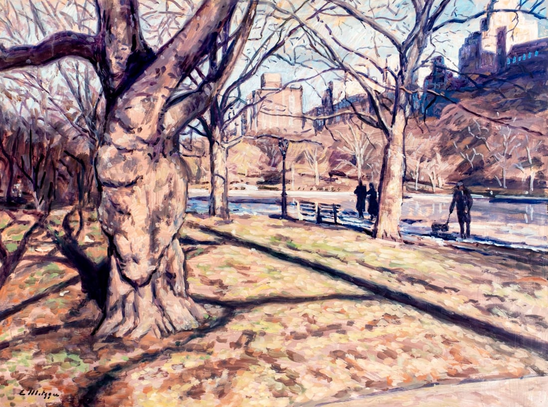 Evelyn Metzger (NY,Brazil,1911-2007) oil painting: ARTIST: Evelyn Borchard Metzger (New York, Brazilian, 1911 - 2007) TITLE: Winter Afternoon (titled on label) MEDIUM: oil on board CONDITION: Minor damage to the upper left