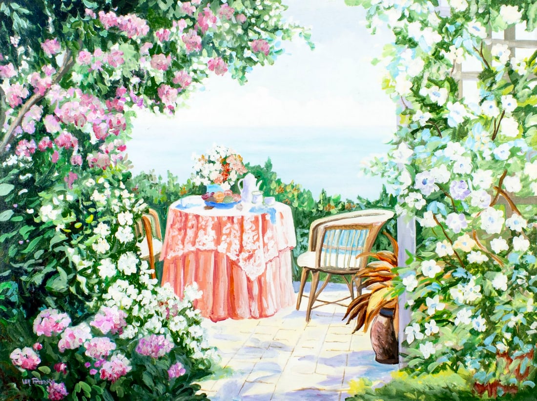 Lloyd H Van Pitterson (NJ,Jamaica,1826-1997) oil painting: ARTIST: Lloyd H Van Pitterson (New Jersey, Jamaican, 1826 - 1997) TITLE: Summer Terrace Landscape MEDIUM: oil on canvas CONDITION: Unstretched (In-House stretching availab