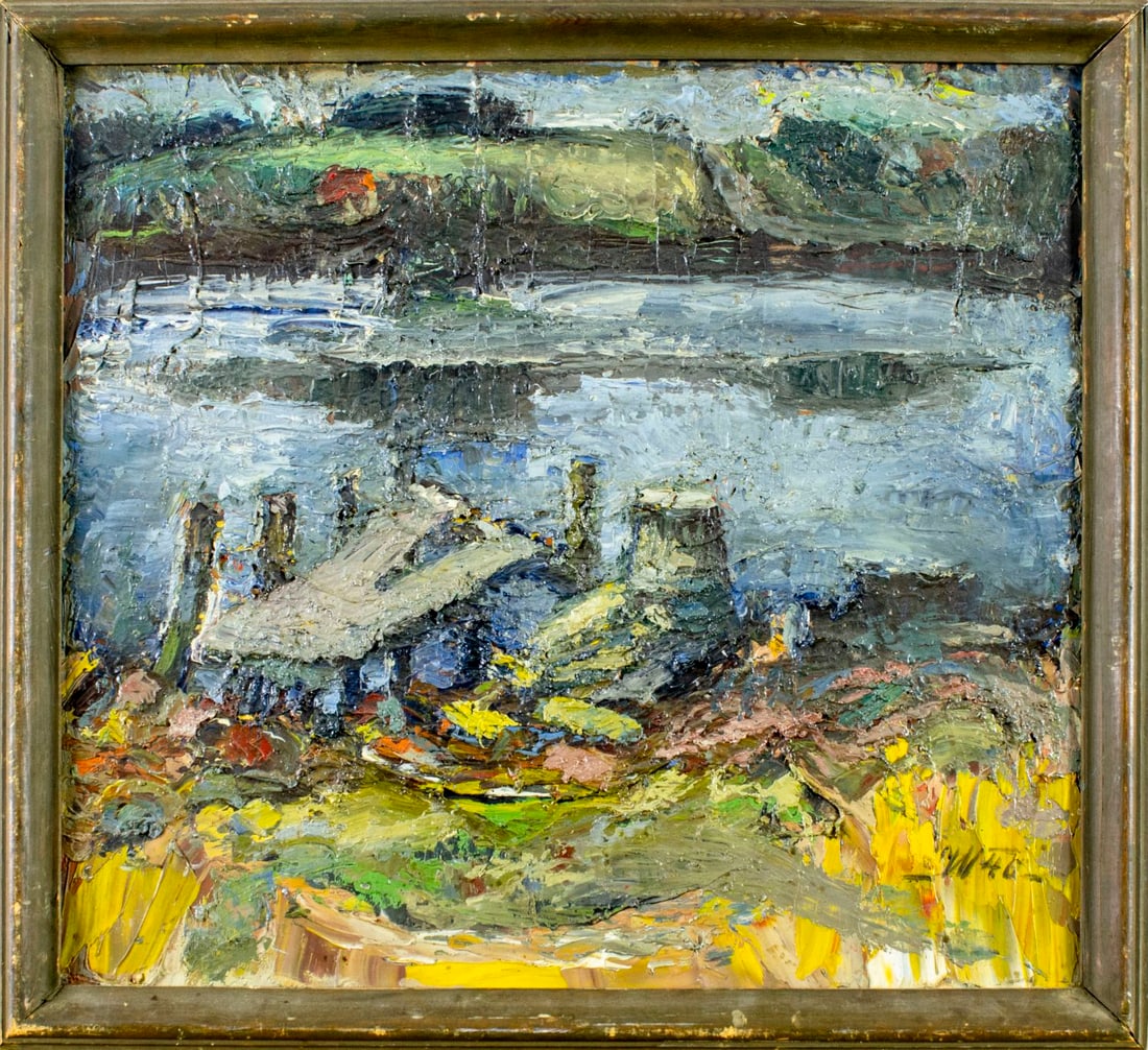 Vintage mid 20C American oil painting signed: ARTIST: - (American, mid 20 century) TITLE: Landscape MEDIUM: oil on board CONDITION: Missing a few flakes of paint. No visible inpaint under UV light. Wear to frame. <