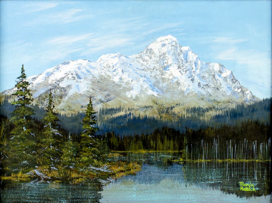Mary Hallock (US,20C) oil painting: ARTIST: Mary Hallock (American, 20 century) TITLE: Mountain Lake Landscape MEDIUM: oil on board CONDITION: Few small paint losses mostly along edges. No visible inpaint unde
